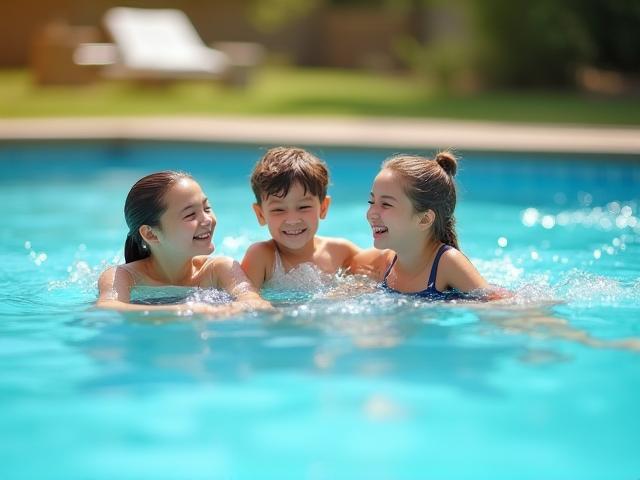 Happy family enjoying their swimming pool